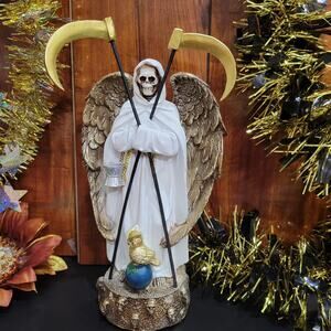 SANTA MUERTE WHITE 9"x5 "HOLY DEATH STATUE WITH WINGS & TWO SCYTHES GRIM REAPER